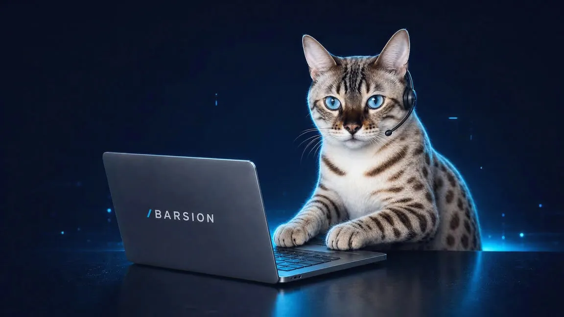 Barsion mascot, a Bengal cat in a headset working at a laptop